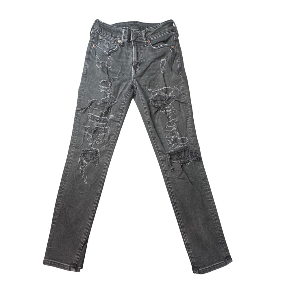 American Eagle Jeans Mens 26x28 Skinny AirFlex+ Black Distressed Ripped Denim